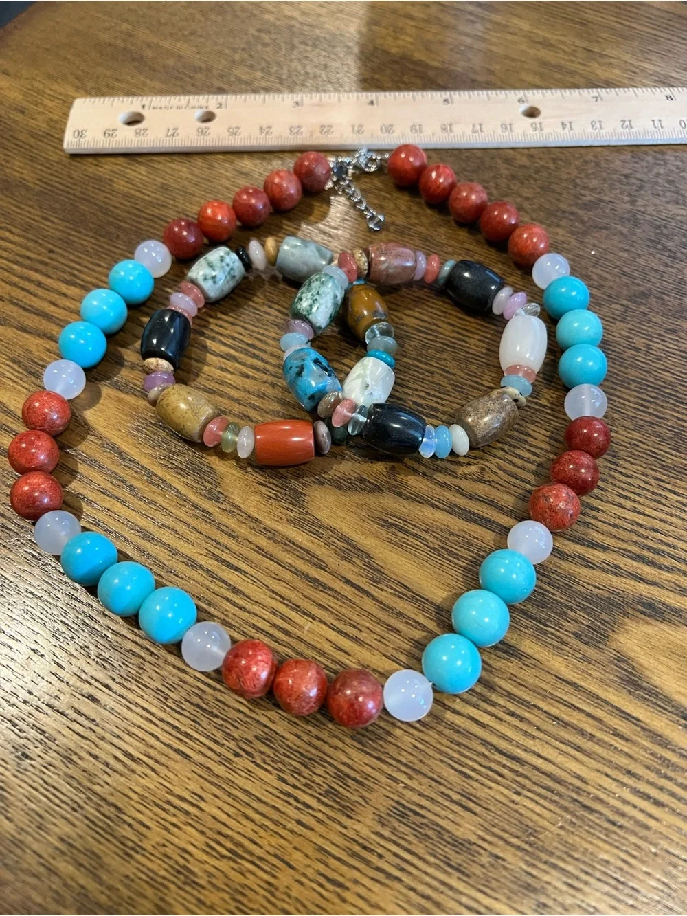 Colorful Multi-Stone Beaded Necklace and Bracelet Set - Turquoise & Red